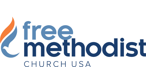 Free Methodist Church USA blue logo text with orange-blue dove flame